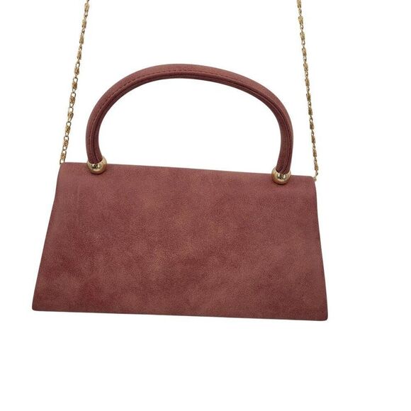 Pink Coral Vegan Leather Mini Top Handle Handbag Removeable Gold Crossbody Chain - Picture 3 of 10